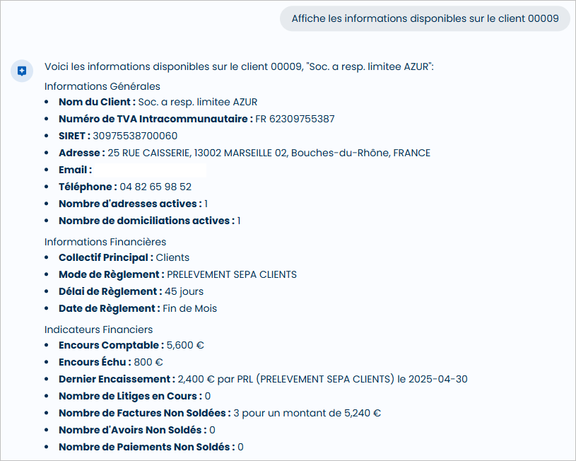 Donn�es, indicateurs financiers et donn�es g�n�rales du client demand�