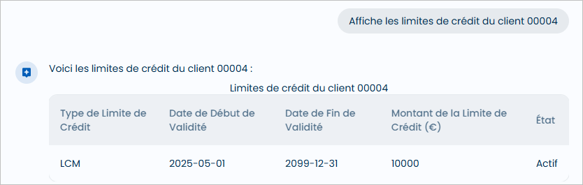 Donn�es des limites de cr�dit du client demand� (type, validit�, montant)
