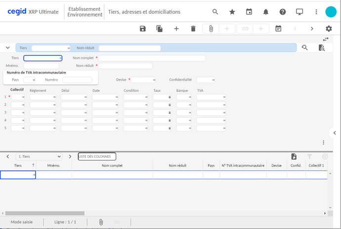 Ecran de la gestion des tiers, adresses et domiciliations