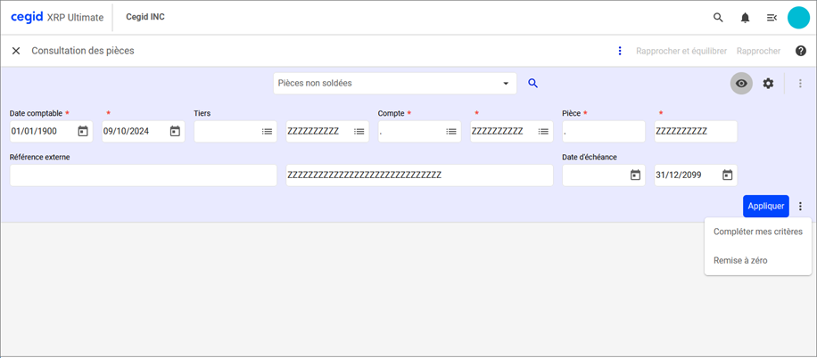 Ecran de consultation des pièces avec critères de sélection d'une variante