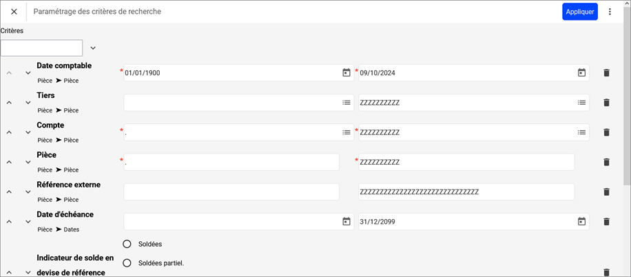 Ecran montrant comment compléter mes critères de sélection