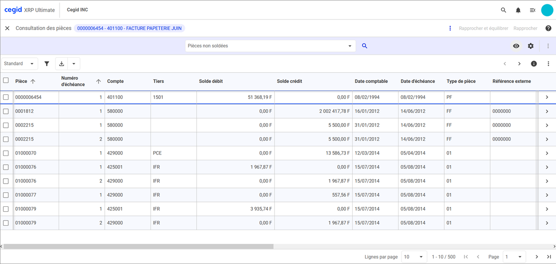 Ecran de consultation des pièces avec affichage de lignes de données