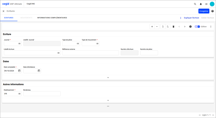 Ecran de saisie des écritures