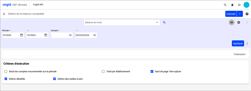 Ecran d'édition de la balance comptable
