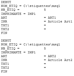 5 �tiquettes, imprimante 1, articles ART1 et ART2, sans texte