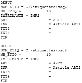 10 �tiquettes, imprimante 2, articles ART1 et ART2, sans texte
