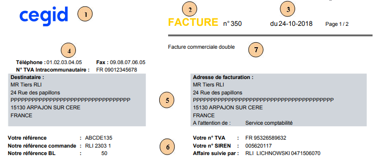 Extrait en-t�te de la facture, donn�es �dit�es num�rot�es de 1 � 7