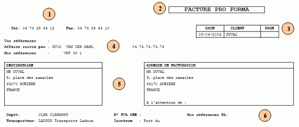 Extrait en-tête de la pro forma, données éditées numérotées de 1 à 6