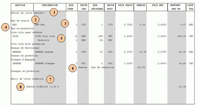 Extrait corps de la pro forma, données éditées numérotées de 1 à 8