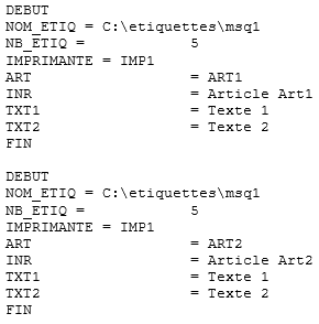 5 �tiquettes, articles ART1 et ART2, textes 1 et 2