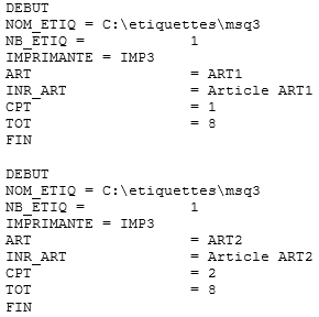 Une �tiquette, articles ART1 et ART2, pas de texte, champs CPT et TOT