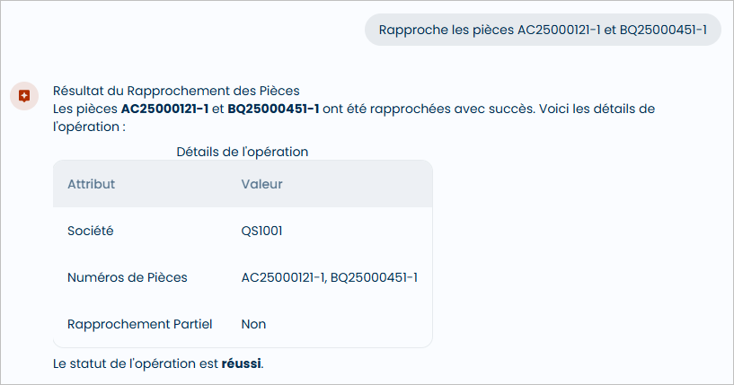 Donn�es du rapprochement cr�� des pi�ces demand�es