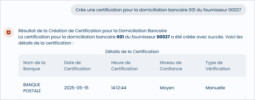D�tail certification cr��e pour la domiciliation et fournisseur demand�s