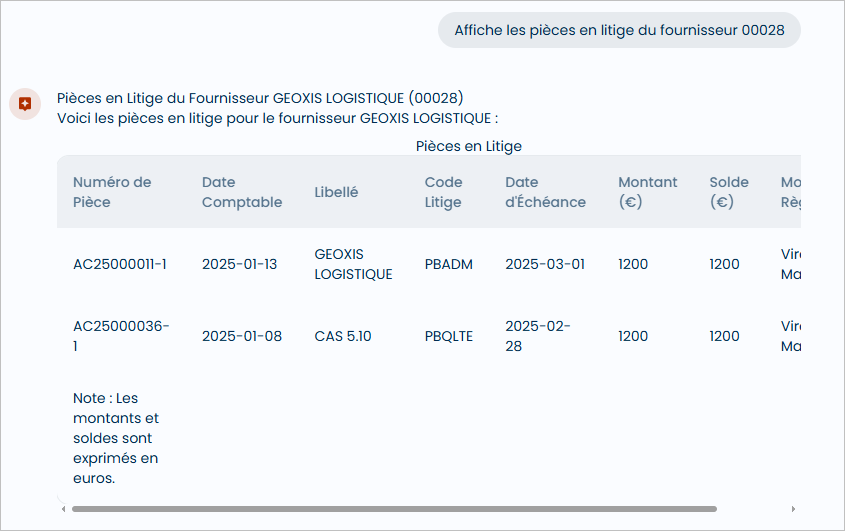 Liste des pi�ces en litige du fournisseur demand� (date comptable, montant)