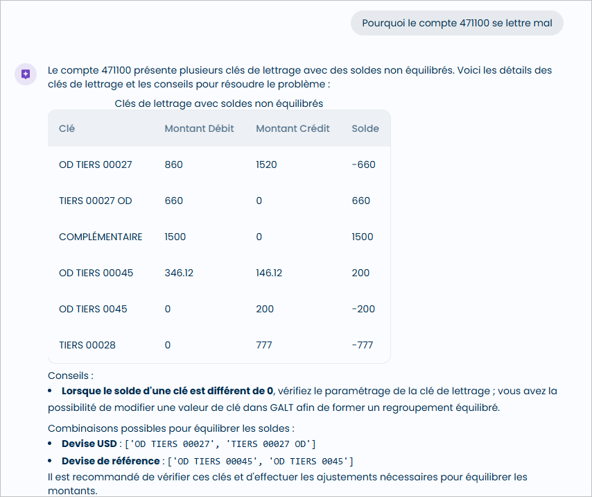 Liste cl�s de lettrage avec solde non �quilibr�, conseils pour r�solution